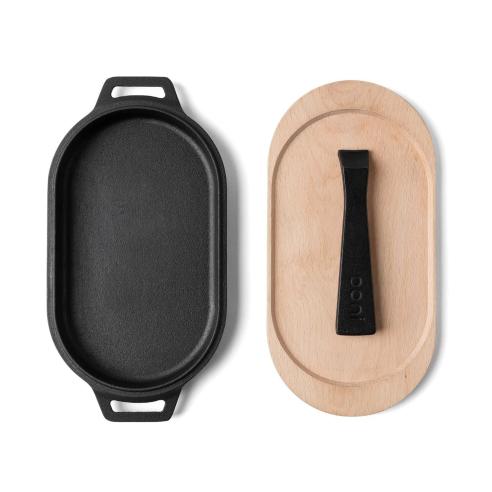 Ooni - Piastra liscia ovale con manico in ghisa e supporto in legno 31 cm