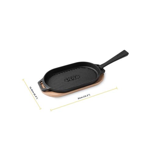 Ooni - Bistecchiera ovale con manico in ghisa e supporto in legno 31 cm