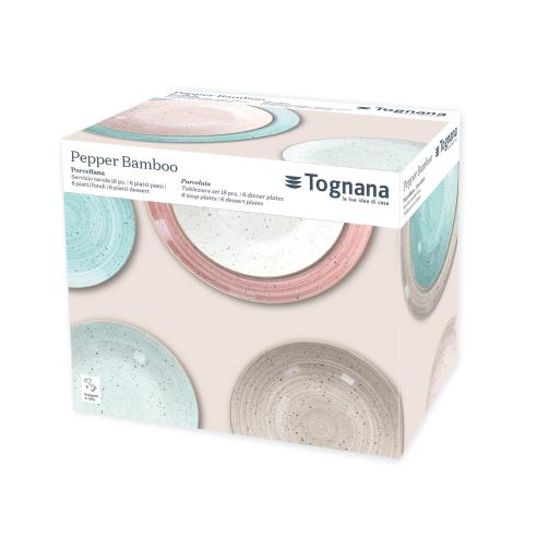 Tognana - Servizio di piatti 18 pezzi in porcellana linea Metropolis Pepper Bamboo