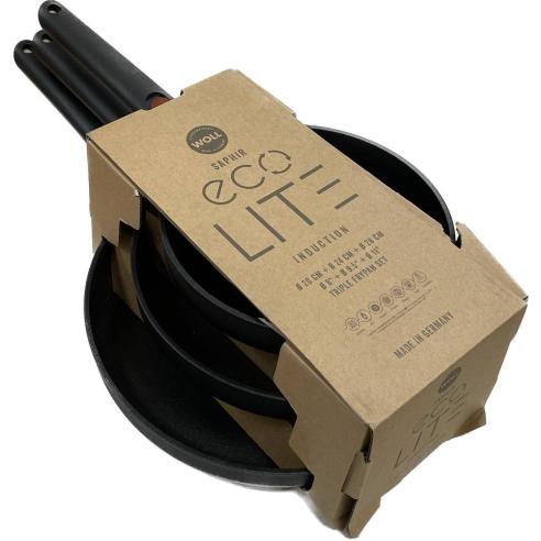 Woll - Set 3 Padelle basse antiaderente in alluminio forgiato Eco lite a induzione manico rimovibile 20, 24 e 28 cm