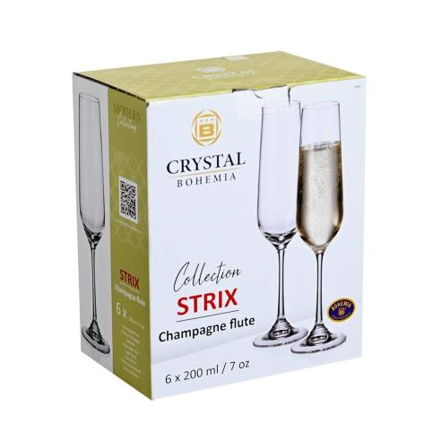 Crystal Bohemia - Set 6 Bicchieri flute da champagne in vetro linea Strix da 200ml
