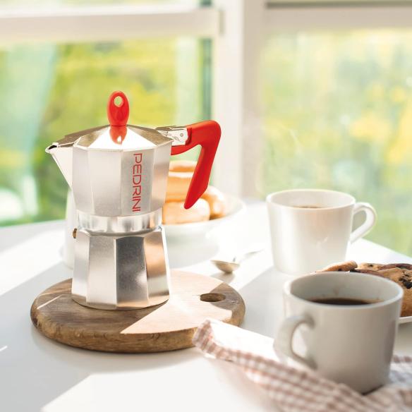 Pedrini Brilliant Caffettiera Moka 6 Tazze Alluminio Manico Rosso