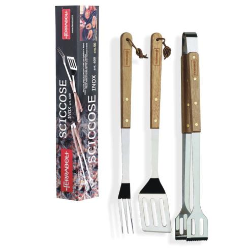 utensili Ferraboli - Set 3 Posate per Barbecue in Acciaio Inox con Manico in Legno